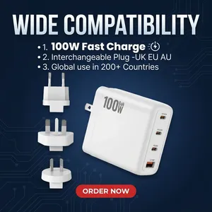 <span class=keywords><strong>Chargeur</strong></span> pour ordinateur portable GaN 100W Max, double PD100W + double QC18W, 4 ports, <span class=keywords><strong>chargeur</strong></span> rapide pour téléphones avec prises interchangeables multi-standards pour une utilisation mondiale - Product Image 3