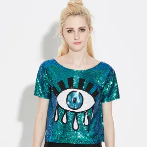 Summer's New Design High Quality Sequin Short Sleeve T-Shirt for Women Big Pattern Custom Logo Fashion Crew Neck Style