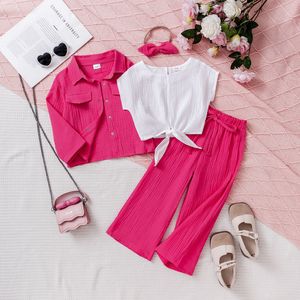 Nuovo Set Primaverile e Autunnale <span class=keywords><strong>per</strong></span> Ragazze: Canotta Tinta Unita + Camicia + Pantaloni in Crêpe + Cintura + Fascia <span class=keywords><strong>per</strong></span> Capelli - Product Image 1