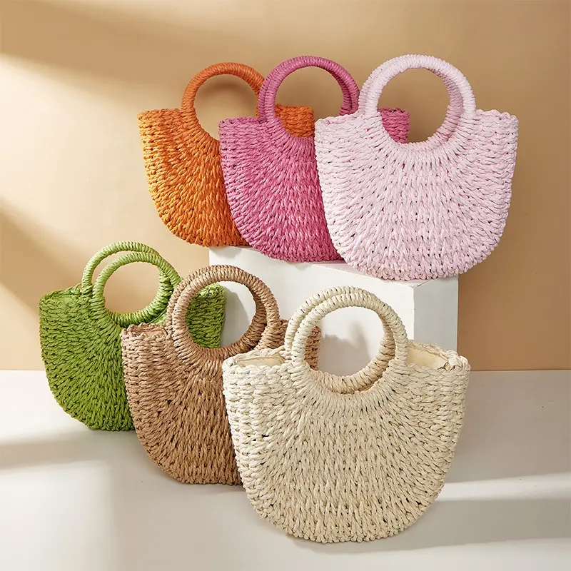 2023 New Fashion Candy Color Half-Moon Handmade Straw Woven Handbag Detachable Shoulder Straps Summer Beach Shoulder Bag