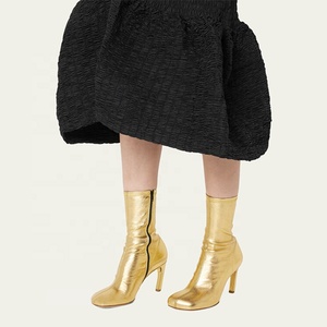 Customized Solid Gold Women's Square Toe Short <b>Boots</b> Square Toe Side Zipper Ankle Booties High Thin Heels Shoes - Product Image 1