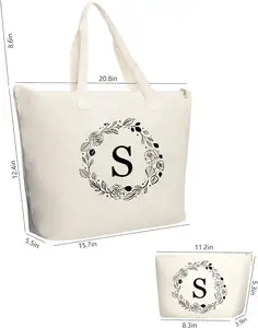 Borsa Tote personalizzata in tela iniziale con cerniera e borsa regalo con tasca interna e borsa per il trucco grandi regali per le donne mamma