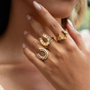 Horseshoe <b>Ring</b> Mother Of Pearl Inlay <b>Titanium</b> Steel Unisex Fashion Jewelry Gift - Product Image 3