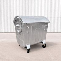 Conteneur à déchets métallique galvanisé à chaud de 1100 litres avec couvercle en acier et 4 roulettes pivotantes, 2 avec freins, pour la collecte des déchets municipaux