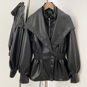 OFTBUY Veste en cuir PU pour <span class=keywords><strong>femme</strong></span>, col montant, élégante, style moto, manteau trench, vêtement d'extérieur, streetwear, printemps automne - Product Image 5