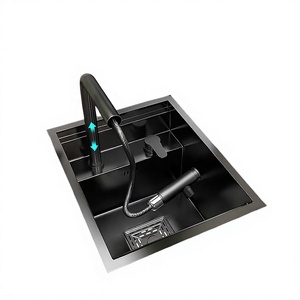 Évier de cuisine moderne carré noir en acier inoxydable à cuve unique avec robinet en laiton et couvercle pour installation sur plan de travail - Product Image 2