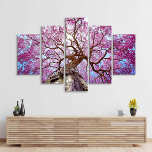 Lienzo Decorativo Impreso Art Deco, Arte Moderno de Paisaje Natural con Árbol de Flores Rosadas, Juego de 5 Lienzos Colgantes - Product Image 3