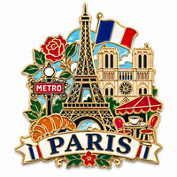 Aimant de réfrigérateur en émail dur avec monuments de la ville de Paris, France : Tour Eiffel, Arc de Triomphe, Louvre, en alliage de zinc, souvenir de voyage