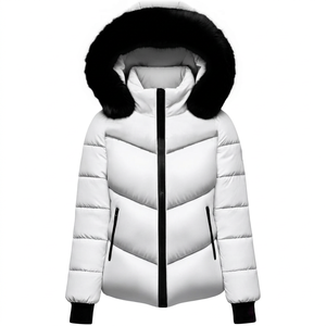Blouson matelassé blanc épais en polaire à capuche avec garniture en fourrure, coupe-vent, fermeture éclair, décontracté, pour l'hiver, unisexe, coupe ajustée, devant classique - Product Image 1