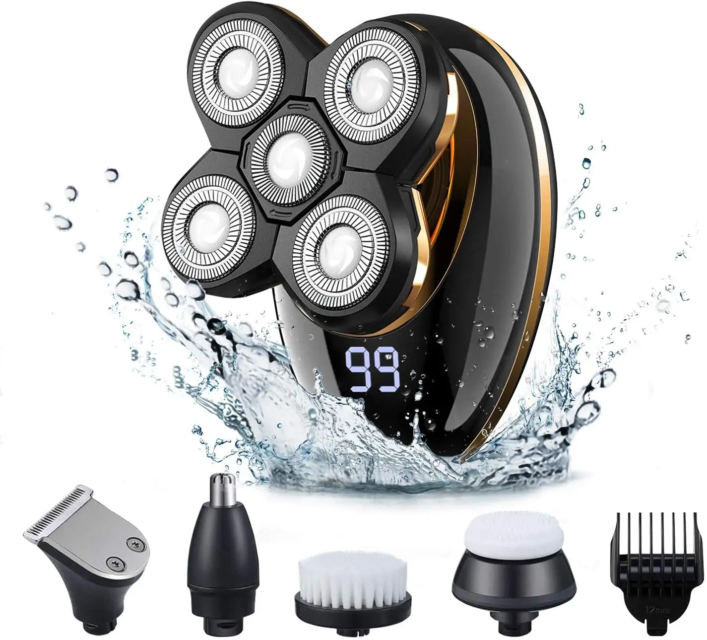 Kafa tıraş makinesi kel erkekler için 5 in 1 LED elektrik akülü jilet tıraş USB şarj edilebilir islak kuru tımar kiti burun saç düzeltici