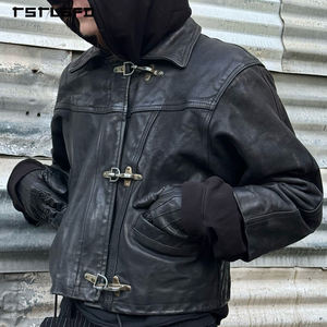 Vestes en <span class=keywords><strong>cuir</strong></span> pour hommes, style motard, avec fermeture éclair personnalisée, boucle de pompier, fermoir à homard, cire noire, <span class=keywords><strong>simili</strong></span> <span class=keywords><strong>cuir</strong></span> - Product Image 1