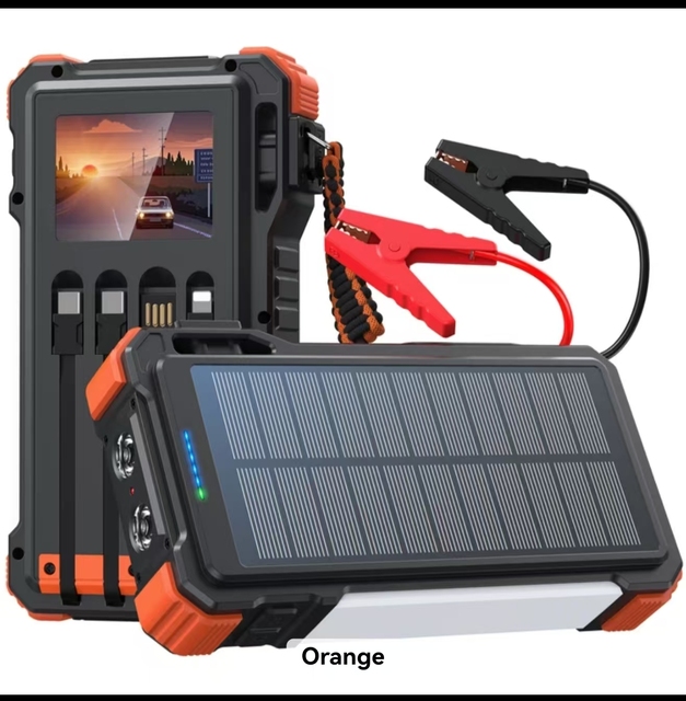 Solar Jump Starter Solar Power Bank Outdoor with 4 Charging Cable Thermometer Compass Camping Light Flash Light 45W Fast Charge