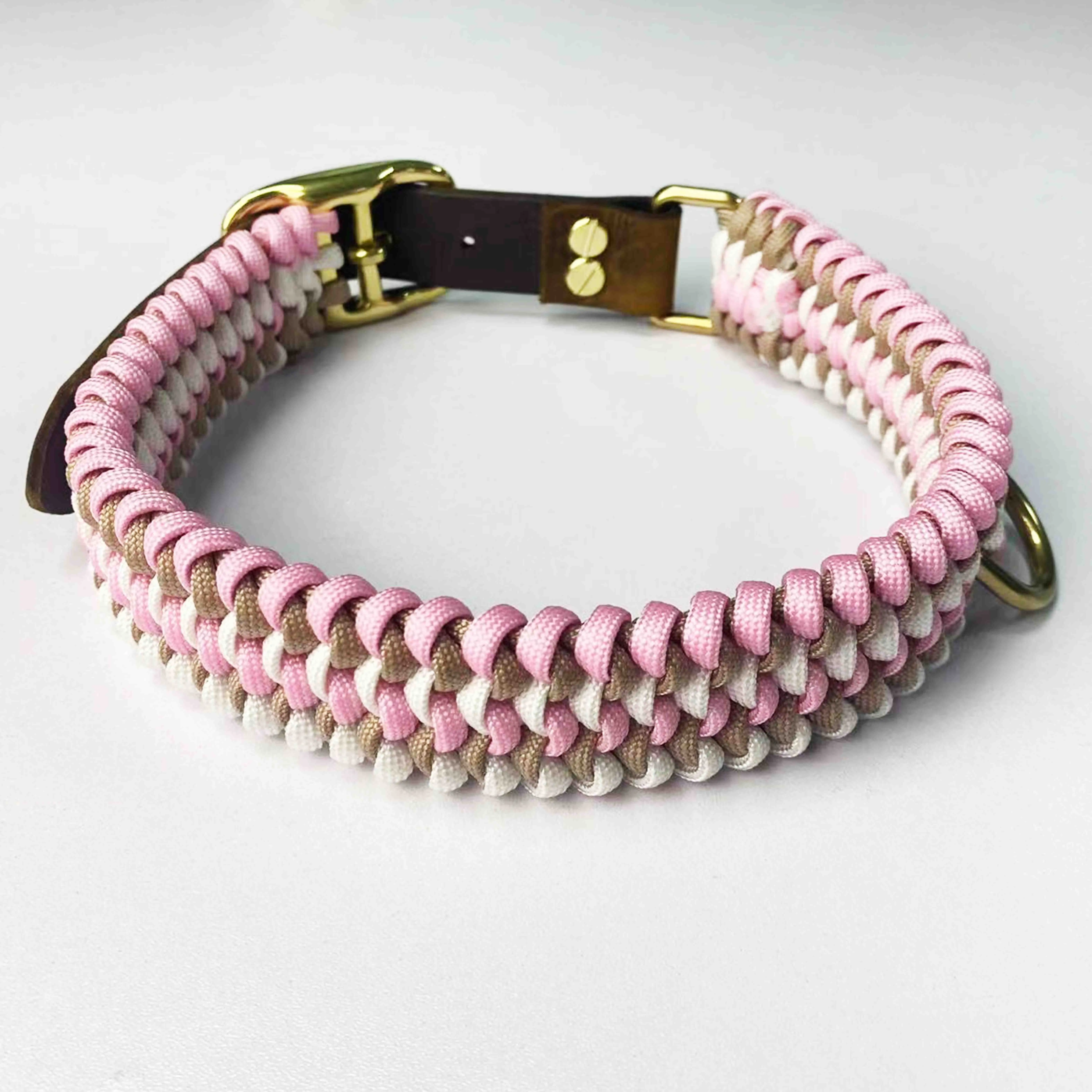 2022 Hot Sale Custom Logo Adjustable Nylon Rope Leather pet dog belt Handmade Pink Luxury 550 Paracord Dog Collar and Leash Set