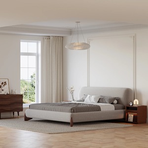 Ensemble de chambre à coucher moderne de conception d'usine professionnelle tissu de velours gris clair pieds en bois lit plate-forme de rangement rembourré double taille