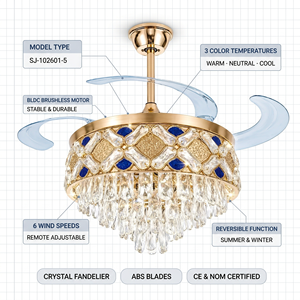Ventilateur de plafond LED en cristal avec télécommande, moteur DC à 6 vitesses, pales rétractables - Product Image 2