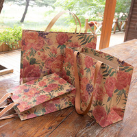 Sac cadeau en papier kraft imprimé offset de haute qualité, motif floral vintage rose, ruban personnalisable, sac fourre-tout, artisanat de bougies