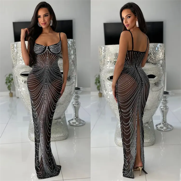 Sexy ver através do diamante magro vestido longo senhoras malha beading clube desgaste noite vestidos