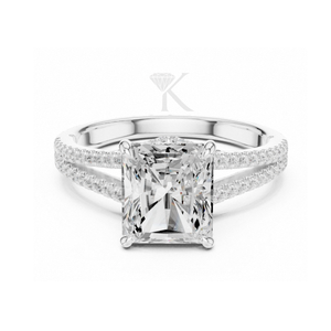 Anillo de compromiso de corte radiante en oro amarillo con tallo dividido, diamantes pavé y halo oculto. Anillo nupcial llamativo y elegante para aniversario. - Product Image 3