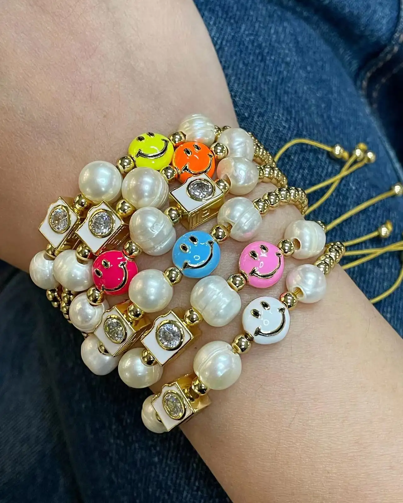 New trendy copper beads with pearl bracelet camera and smile face oil drop jewelry women and girl gift