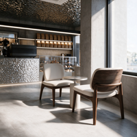 Ensemble complet de mobilier de café personnalisé, design 3D, comptoir de café commercial en acier inoxydable à effet d'ondulation et aménagement intérieur