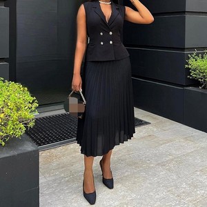 Conjunto de 2 Piezas para Mujer: Chaleco Cruzado con Cuello de Traje y Falda Plisada, a la Moda - Product Image 4