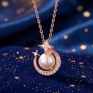 Collar con Colgante de Estrella y Luna Creciente en Oro Rosa y Cobre, con Circonitas y Perla de Agua Dulce, Joyería Celestial para Mujer - Product Image 3