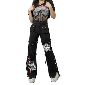 Venta <span class=keywords><strong>al</strong></span> <span class=keywords><strong>por</strong></span> <span class=keywords><strong>mayor</strong></span> Punk Goth Pant Grunge <span class=keywords><strong>ropa</strong></span> negra moda coreana bolsillo recto mujeres Streetwear acampanado Y2k <span class=keywords><strong>Hippie</strong></span> Jeans - Product Image 3