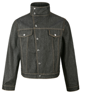 Veste bomber vintage en denim de haute qualité personnalisable, à manches longues, à bouton unique, à ourlet plat, avec deux poches poitrine, 100% coton