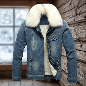 Men's Denim <b>Jacket</b> With Fur Collar Zipper Closure <b>Thick</b> Winter Casual Outwear Faux Fur Lining Washed Blue Coat - Product Image 3