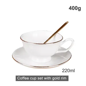 Cerâmica fornecedor granel logotipo personalizado minimalista puro ouro branco borda osso china chá café xícara e pires definido para o chá da tarde