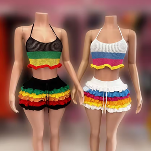 Viviblook Z0130ST04 Ensemble tricoté sexy pour femme, haut tricoté contrasté à bretelles et short à volants, ensemble deux pièces - Product Image 1