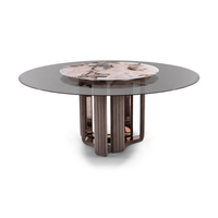 Table de salle à manger ronde de luxe nordique moderne avec plateau en pierre frittée et chaises, plateau tournant en verre fumé et marbre, ensemble de restaurant pour villa