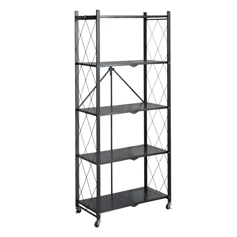 Multifunctional 2/3/4/5 Tier Folding Storage Shelves With Wheels Storage Metal Rack Kitchen Organizer Shelf