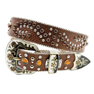 Western Rhinestone สไตล์ Cowgirl Bling ผู้หญิง Studded แฟชั่นเข็มขัดหนังสีน้ำตาล Studded เข็มขัดสำหรับเด็ก 115 ซม.