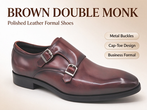 Chaussures habillées marron pour hommes à double boucle, en cuir véritable, avec bout capuchonné et boucle métallique, idéales pour mariage, bureau et affaires - Product Image 1