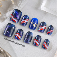Ensemble de manucure carrée européenne courte et brillante avec faux ongles portables sculptés en résine à motif vague étoilée - 30 pièces amovibles pour femmes