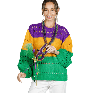 Suéter de Tricô Aberto com Gola Redonda e Mangas Bufantes em Blocos de Cores para o Mardi Gras - Product Image 1