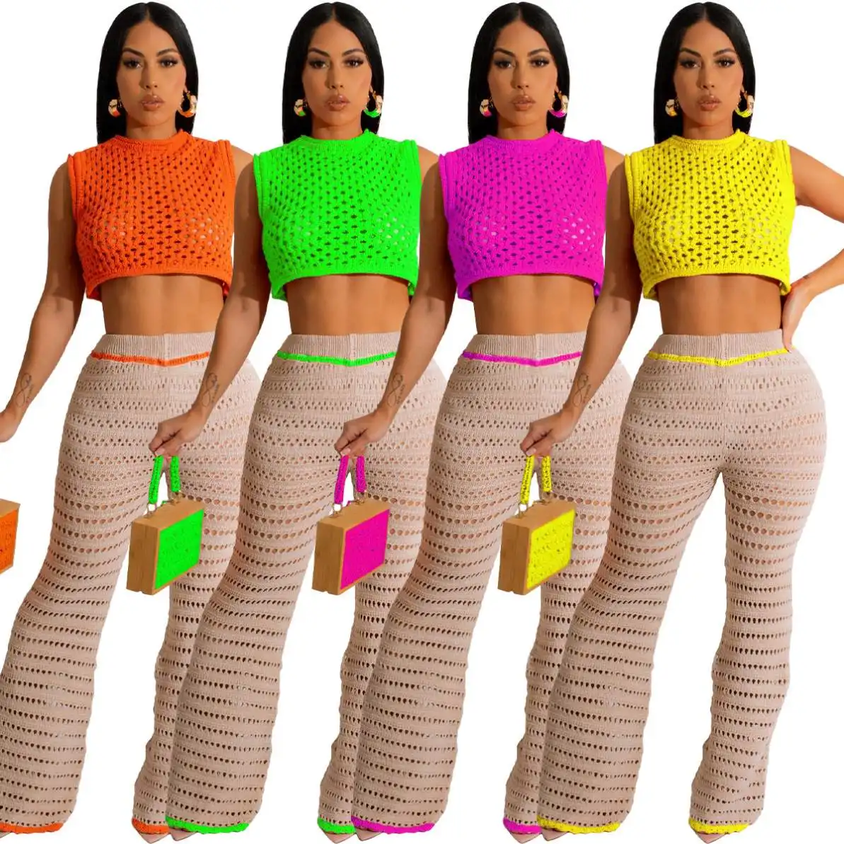 Crochet Women S Sets Top 2 Piece Pants Set Ladies Solid Outdoor Two Piece Set 2023 Women Boutique Clothing