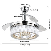 Ventilateur de plafond moderne Nodric 42 pouces, 3 pales, 6 vitesses, télécommande, acier inoxydable, cristal, 3 couleurs, variateur d'intensité