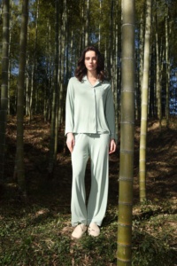 Pigiama <span class=keywords><strong>in</strong></span> <span class=keywords><strong>Cotone</strong></span> Verde Menta Personalizzato a Maniche Lunghe, Set PJ Tinta Unita con Bordi <span class=keywords><strong>in</strong></span> Bambù, <span class=keywords><strong>Pigiami</strong></span> per Donne - Product Image 6