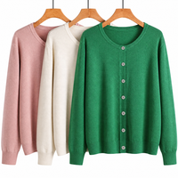 Damen Strickjacke mit Knopfleiste, Rundhalsausschnitt, Langen Ärmeln und Geripptem Saum in Einfarbigem Grün
