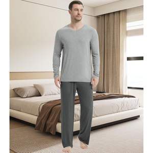 Conjunto de Pijama Personalizado para Hombre de Manga Larga, Cuello en V, Tejido de Bambú Viscosa, Suave y Cómodo, Pantalones de 2 Piezas, Ropa Casual - Product Image 3