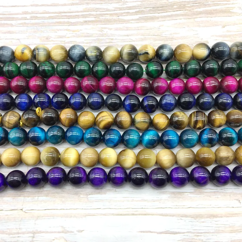 Natural Stone Colors Tiger Eye Round Beads Strings For DIY Bracelet Necklace Bead Strand Pink Blue Green Yellow Orange