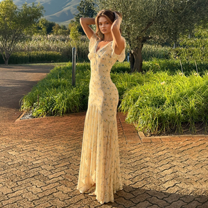 Robe longue asymétrique 2026 à col en V, manches courtes, taille cintrée, ourlet irrégulier, fente latérale, éco-responsable - Product Image 3