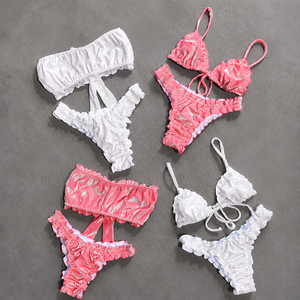 Ensemble bikini 2 pièces pour femme, couleur unie, haut bandeau à volants, bas string, en spandex et nylon extensible, maillot de bain, vêtements de plage - Product Image 1