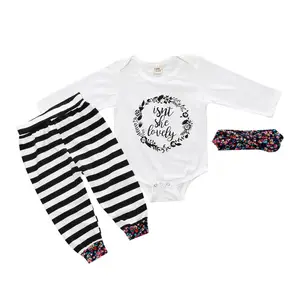 New Design Baby Girl Clothes Infant Romper And Pants Hair Band Set On Sale