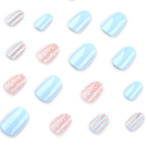 <span class=keywords><strong>Faux</strong></span> ongles courts à presser en PMMA, <span class=keywords><strong>bleu</strong></span> <span class=keywords><strong>pastel</strong></span> et rose, réutilisables, motif rayé, flexibles et résistants - Product Image 3