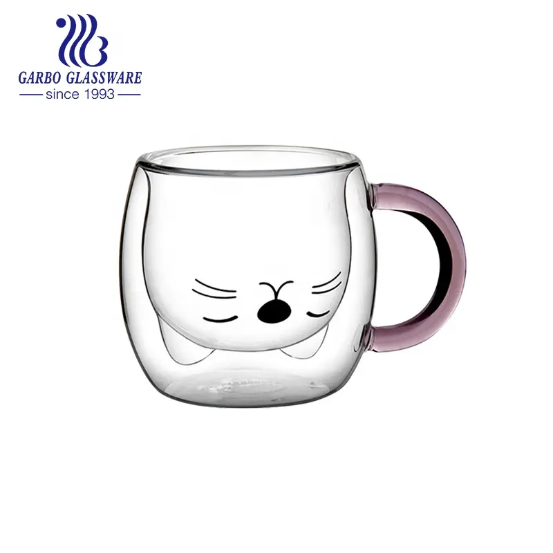 Various type animal cat design high borosilicate double wall glass coffee cup water tea mug