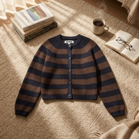Großhandel Maßgeschneiderte Retro Premium Casual Laternenärmel Rundhals Varsity Streifen Rugby Gerippte Reine Baumwolle Strick-Cardigan Herbst