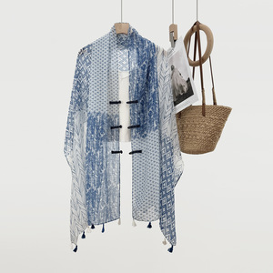 Ethnic Style Silk Scarf With Tassel Color Blocking Chiffon Shawl For Women Summer Outerwear Travel Sun Protection Vest - Product Image 2
